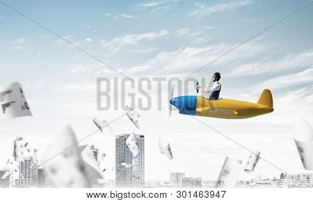 Successful Management And Information Analysing Concept With Funny Pilot. Aviator Driving Propeller 