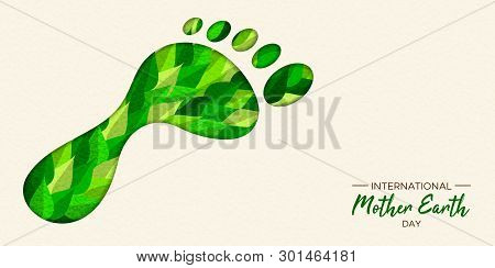 International Earth Day Illustration Of Carbon Footprint Concept. Green Papercut Leaves In Foot Cuto