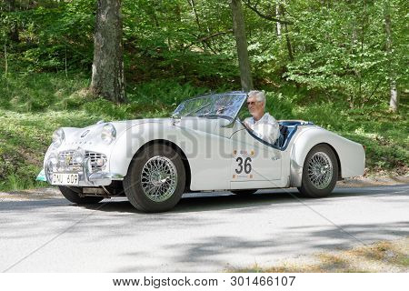 Stockholm, Sweden - May 20, 2018: White Color Triumph Sport Tr3a Classic Car From 1960 Driving In Th