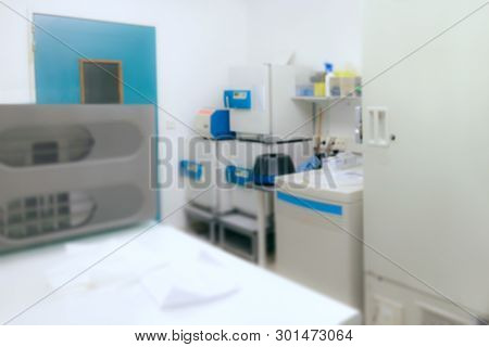 Scientific Background: Modern Laboratory Interior Out Of Focus. This Is Blurred Image Without Focus 