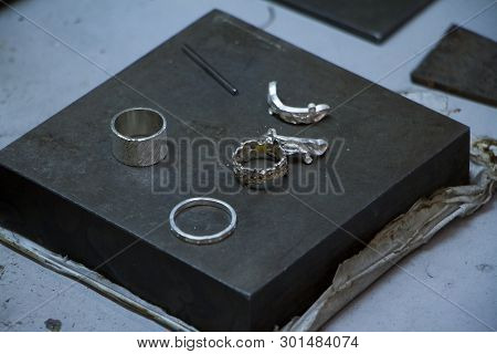 Closeup Of Blank For Manual Production Of Silver Rings And Earrings By Master Jeweler