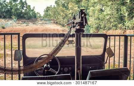 Machine Gun Of The American Army Mounted On An Suv Mounted In A Dash Near The Cu Chi Tunnels In Viet