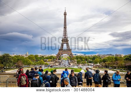 Paris, France - 24.04.2019: Aerial View Of Tower Eiffel On Beautiful Cloudy Sky In Paris In France