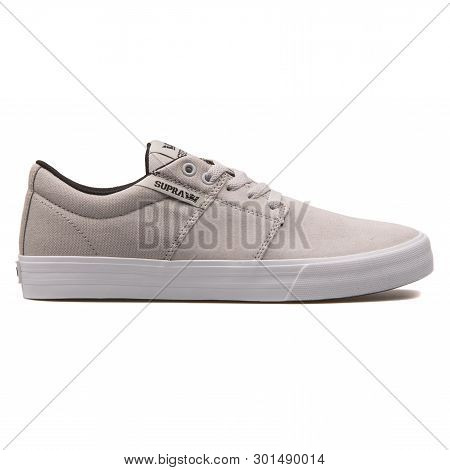 Vienna, Austria - August 10, 2017: Supra Stacks Vulc 2 Grey Sneaker On White Background.