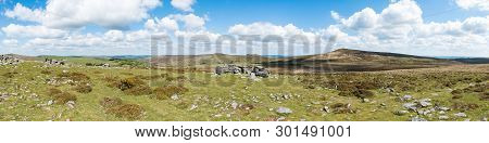 Panorama Of The Granite Bedrock Outcrops At Top Tor, Dartmoor National Park, Devon. To The East Acro