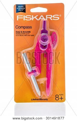 Winneconne, Wi -  5 May 2019 : A Package Of Fiskars Compass On An Isolated Background
