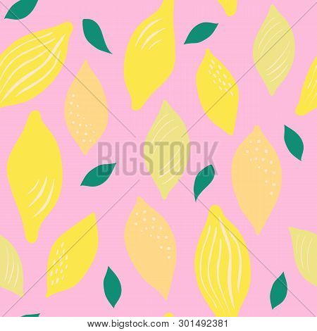 Seamless Pattern Of Bright Yellow Lemons On A Pink Background.