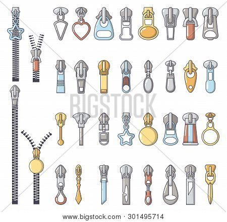 Metal Zipper Puller Icons Set. Cartoon Illustration Of 32 Metal Zipper Puller Icons For Web