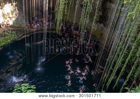 YUCATAN,MEXICO - APRIL 17,2019 : The Ik Kil Cenote near Chichen Itza at the Yucatan Peninsula in Mexico