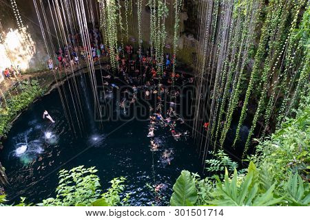 YUCATAN,MEXICO - APRIL 17,2019 : The Ik Kil Cenote near Chichen Itza at the Yucatan Peninsula in Mexico