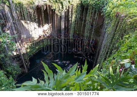 YUCATAN,MEXICO - APRIL 17,2019 : The Ik Kil Cenote near Chichen Itza at the Yucatan Peninsula in Mexico