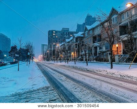 Scenic View Landscape Of Outdoor Winter City Town Toronto At Late Evening Night. Buildings, Houses, 