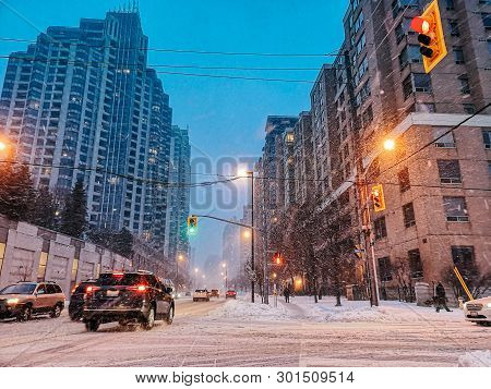Scenic View Landscape Of Outdoor Winter City Town Toronto At Late Evening Night. Buildings, Houses, 