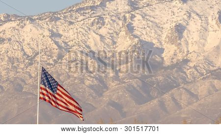 Panorama American Flag And Building With Mount Timpanogos And Sky In The Background