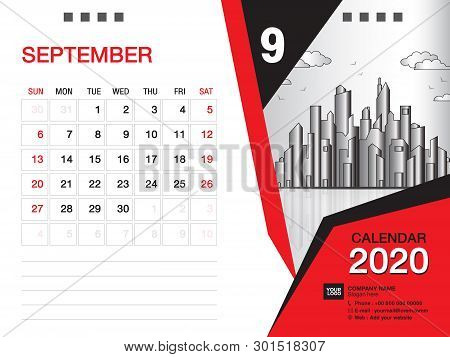 Desk Calendar 2020 Template Vector, September 2020 Month, Business Layout, 8x6 Inch, Week Starts Sun