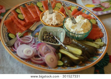 Mothers Day Brunch With Smoked Salmon,lox,onions And Pickles