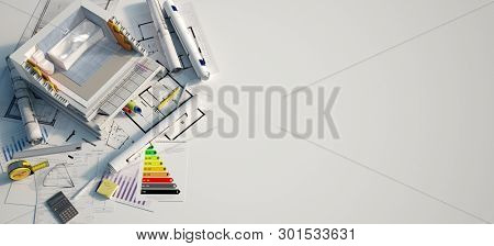 3D rendering of a bathroom under construction on top of blueprints, mortgage forms and a energy efficiency chart
