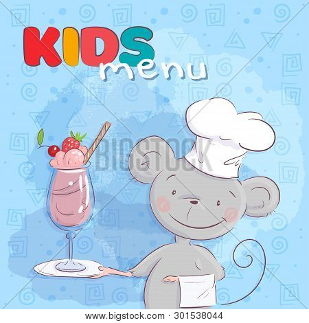 Poster Cute Mouse And Fruit Cocktail. Cartoon Style. Vector