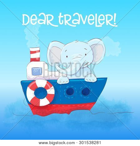 Poster Cute Little Elefant Floats On A Boat. Cartoon Style. Vector