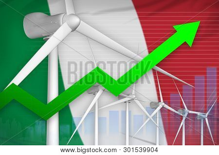 Italy Wind Energy Power Rising Chart, Arrow Up  - Renewable Energy Industrial Illustration. 3d Illus