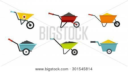 One Wheel Barrow Icon Set. Flat Set Of One Wheel Barrow Icons For Web Design Isolated On White Backg