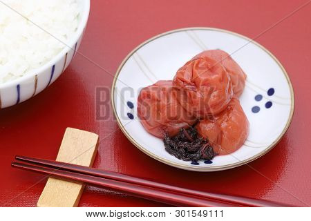 Japanese Food, Pickled Umeboshi With Cooked Rice