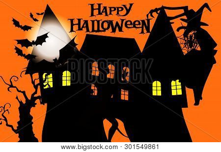 Silhouette Halloween Castle With Bats On Orange Background.concept Style - Illustration