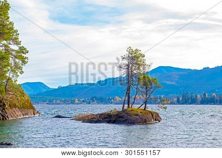 View of Gordon Bay Park in Cowichan Lake during the fall, taken on Vancouver Island, canada