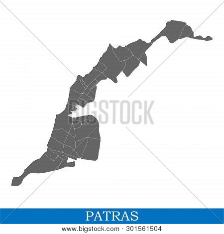 High Quality Map Of Patras Is A City Of Greece, With Borders Of Districts