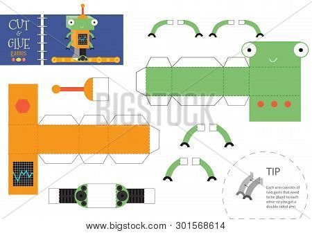 Cut And Glue Robot Toy Vector Illustration, Worksheet. Paper Craft And Small Pieces Model With Funny