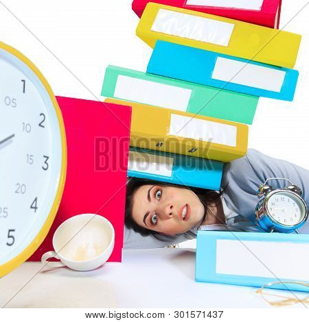 Help Me. Young Woman Getting A Lot Of Work And Deadline, Being Under The Pressure Of The Deals. Pres