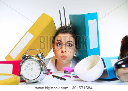 A Million Tasks. Young Woman Getting A Lot Of Work And Deadline, Being Under The Pressure Of The Dea