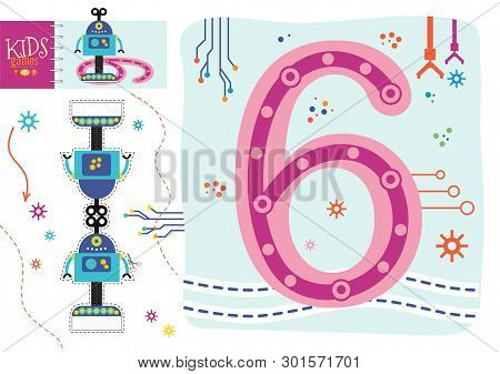 Learn How To Write Number 6 For Preschool Kids Vector Illustration, Game. Cut And Glue Robot Toy And