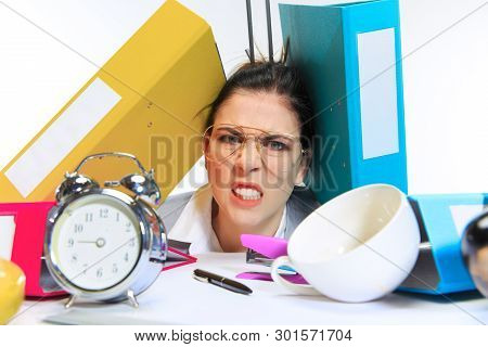 Really Angry. Young Woman Getting A Lot Of Work And Deadline, Being Under The Pressure Of The Deals.