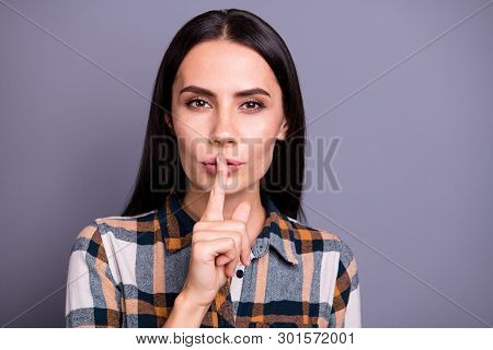 Close Up Photo Of Nice Attractive Cute Youngster Millennial Place Finger Mouth Dint Want Share Myste