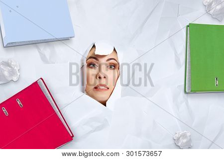 Drowned For A Job. Young Woman Getting A Lot Of Work And Deadline, Being Under The Pressure Of The D