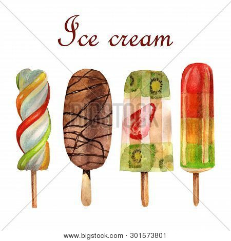 Watercolor Food Illustration. Set Of Delicious Ice Cream