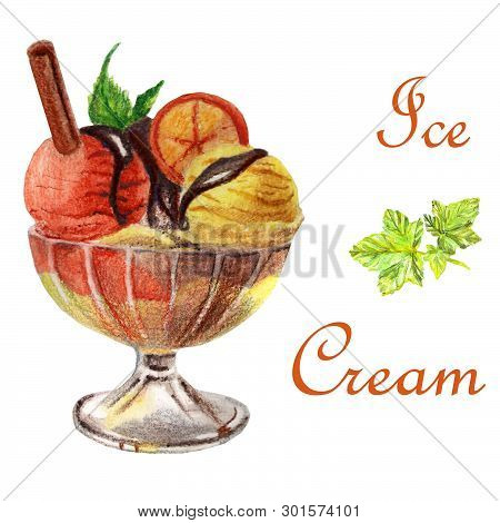 Watercolor Food Illustration. A Delicious Ice Cream Dessert In The Bowl