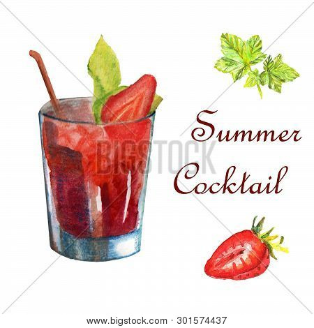 Watercolor Bright Summer Illustration. Delicious Cocktail With Strawberry