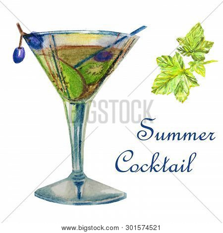 Watercolor Bright Summer Illustration. Delicious Cocktail With Kiwi