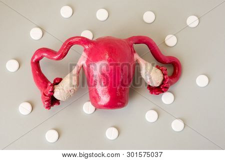 Model Of Uterus With Appendages - Fallopian Tubes And Ovaries Is Surrounded By White Pills Or Drugs 