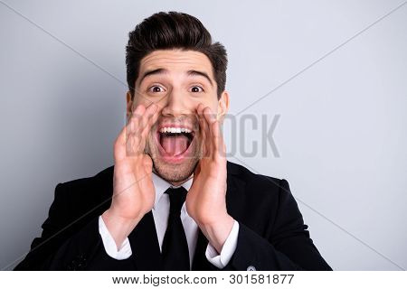 Close Up Photo Funny Fun Funky Colleague Office Worker Heard Information Cheerful Incredible Impress