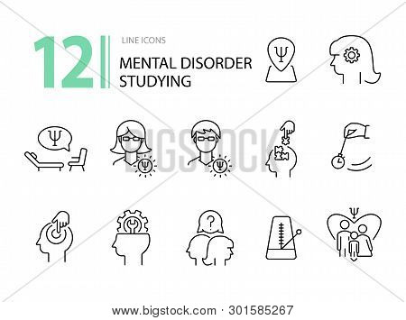 Mental Disorder Studying Line Icon Set. Psychologist, Hypnosis, Metronome. Psychology Concept. Can B