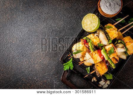Vegan Diet Food, Grilled Cheese And Vegetables Kebab, Indian Style Paneer Tikka, With White Sauce An