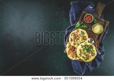 Indian Traditional Food Recipes, Uttapam Oats Or Semolina Pancakes With Fresh Vegetables And Herbs, 