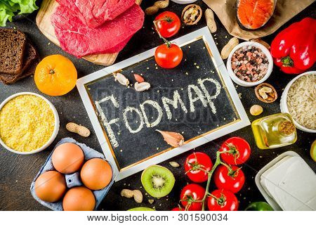 Healthy Diet Food. Various Low Fodmap Ingredients Selection - Meat, Vegetables, Berry, Fruit, Grains