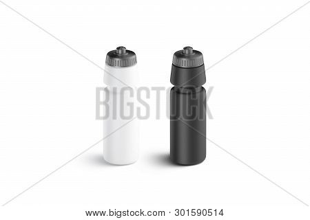 Blank Black And White Plastic Sport Bottle Mock Up, Front View, Isolated, 3d Rendering. Clear Empty 