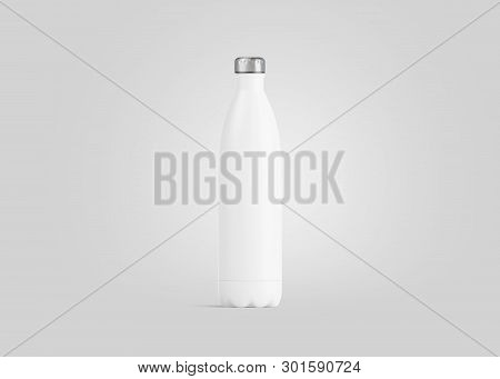 Blank White Closed Thermo Sport Bottle Mockup, 3d Rendering. Empty Traveler Metal Bottle With Clip M