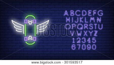 Skateboard With Wings Neon Sign. Extreme Sport And Advertisement Design. Night Bright Neon Sign, Col