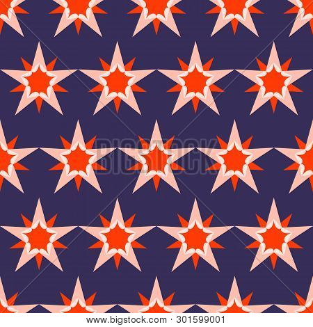 Beautiful Fark Blue Background With Red Stars. Holiday Seamless Pattern. Ornament For Gift Wrapping 